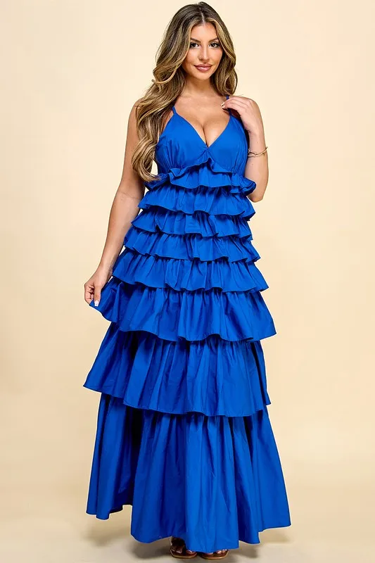 Dresses Women Lady Elegant With V-neck And Tiered Ruffles Sleeveless For Galas - Blue Dress - Image 2