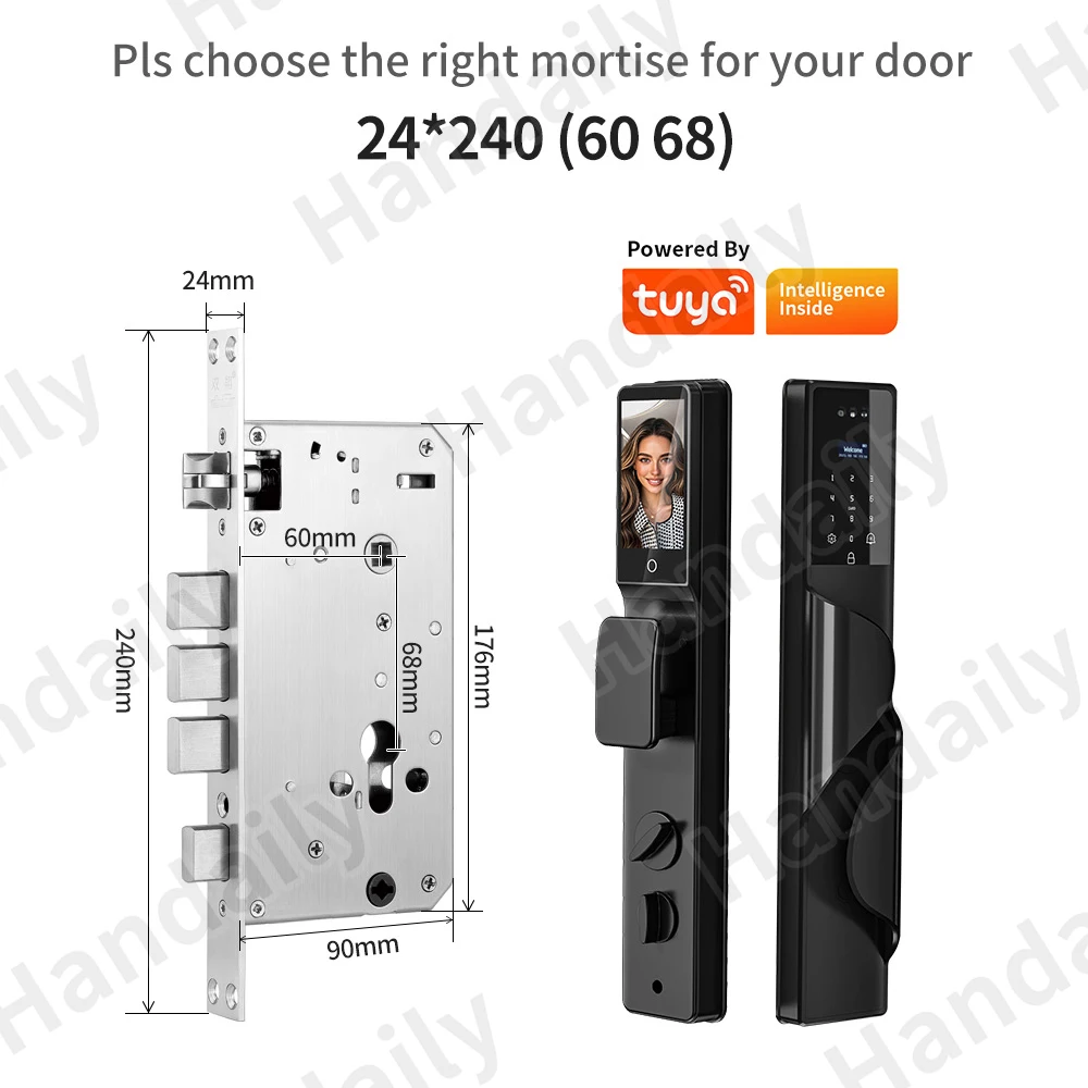 HanDaily Palm Face Recognition Smart Lock Tuya Wifi Video Monitoring Intercom Smart Door Lock with 6590 Mortise S9