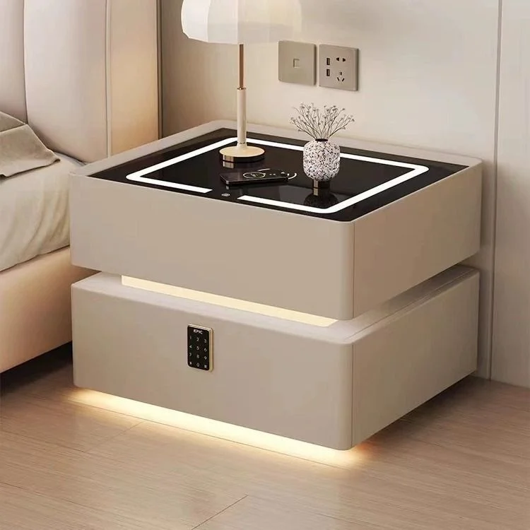 Manufacturer Nightstand Smart Bedside Table for Home Use with LED Light Fingerprint Lock Wooden Bedside Table