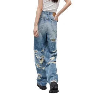 Custom Chic Fashion Design Distressed Backside Baggy Jeans Wide Leg High Waist Boyfriends Washing Street Denim Pant for Ladies