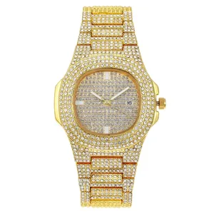 High Quality Luxury Iced Out Watch Full Diamond Quartz Watches with Rhinestone Bracelet Calendar Wristwatch for Women and Men
