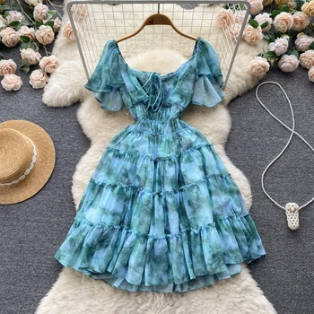 Short Sleeve Square Collar Print A-line Dress Summer Simple High Waist ...