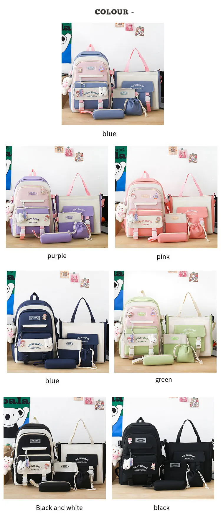 Cute 5 pieces in 1 set of fashionable ladies handbags backpacks for girls Travel learning backpack