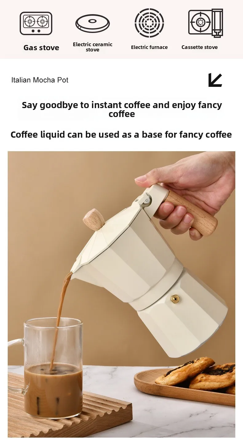 Portable Grey Aluminum Moka Pot Coffee Maker with Lid Large Capacity 300ml Bohemian Design