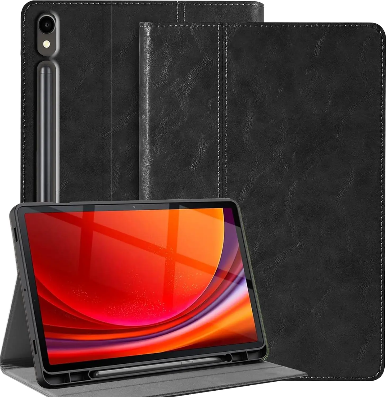 Case for Samsung Galaxy Tab S9 FE Plus Genuine Leather PU Cover with Pencil Holder Shockproof Protective Adjustable Kickstand