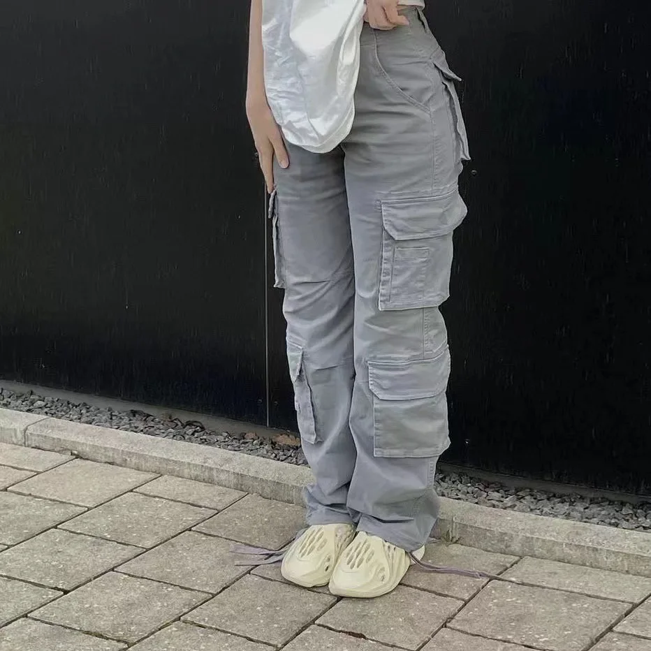 Women's Vintage Cargo Pants 90s Streetwear High Waist Straight Y2K Denim Trousers Light Wash Baggy Jeans Flare Style Loose Fit