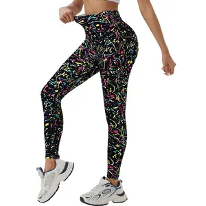Woman's High Elastic Yoga Pants Neon Splatter Pattern Print Breathable Tummy Control Full Length Sports Leggings