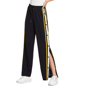Hot Sales Snap Button Stripe Side Wide Leg Pants Ladies Loose Drawstring Waist Trousers