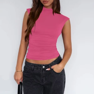 2026 New Women's Summer Crop Tops Independent Station's Simple Half-High Collar Sleeveless Pleated T-Shirt Casual Slim Fit