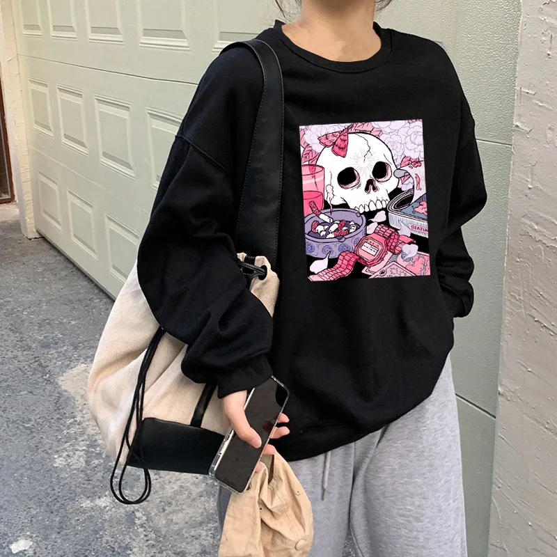 Ropa Informal De Manga Larga Para Mujer,Chaqueta Holgada De Cuello Redondo  Coreano,Sudadera Negra Oscura Con Calavera Punk Para Primavera - Buy Mujer  Sudaderas Con Capucha De Manga Larga Camiseta Para Otoño Invierno,Punk