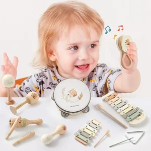 Wooden Orff Musical Instrument Set - Early Education Toy for Babies & Toddlers with Xylophone, Drum, Maracas & Bell