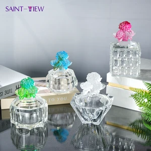 Carved Chocolate Glass Crystal Cube Bowl Flower Theme Block Craft Model for Feng Shui Decor Souvenir or Gift