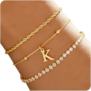 Christmas Gifts Women Teen Girls Grandkids Dainty Gold/Silver Initial Stackable Kevlar Bracelet Set with Natural Stone Made USA