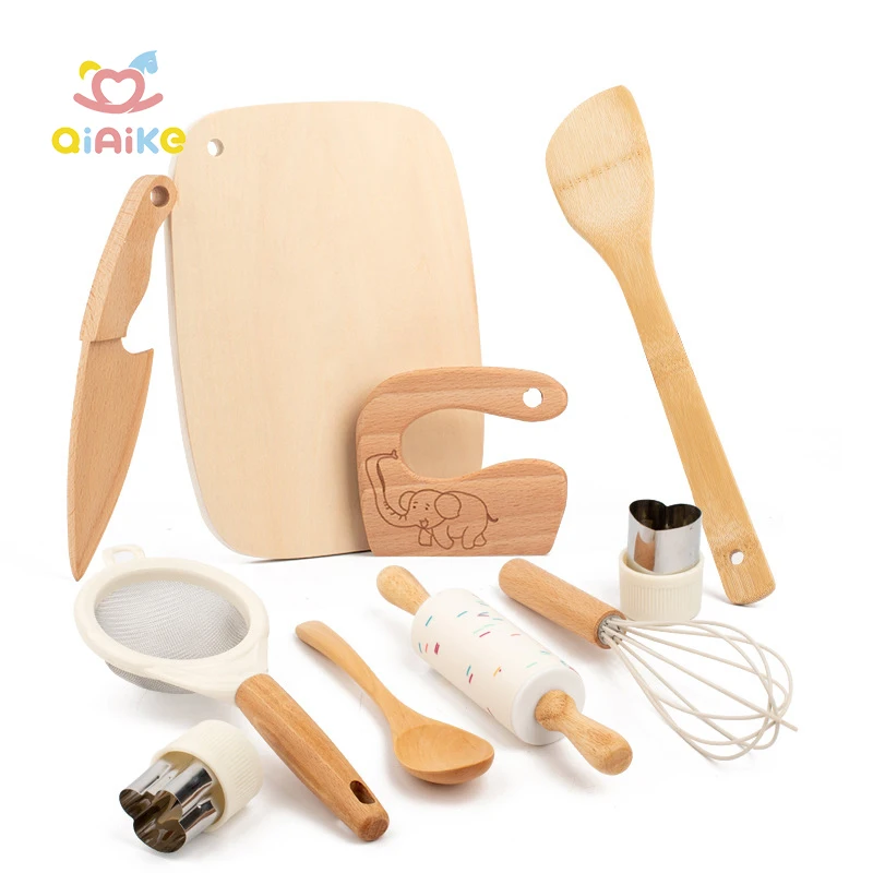 10 PCS Toddler Montessori Kitchen Tools Nature Wood Utensil Wooden Kids Safe Knife and Kids Baking Set for Real Cooking