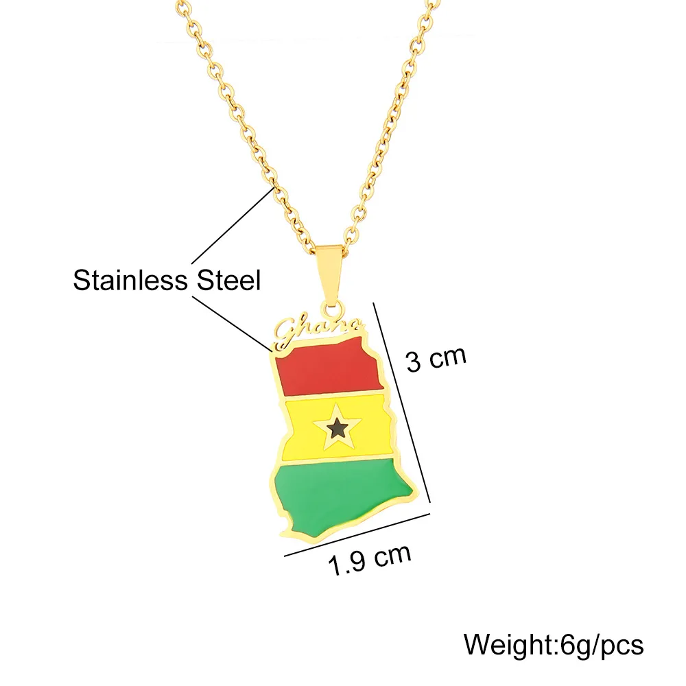 Manufacturer Enameled Ghana Map Chain Necklaces Stainless Steel 18K Gold Plated Enamel Ghana National Flag Map Pendant Necklace