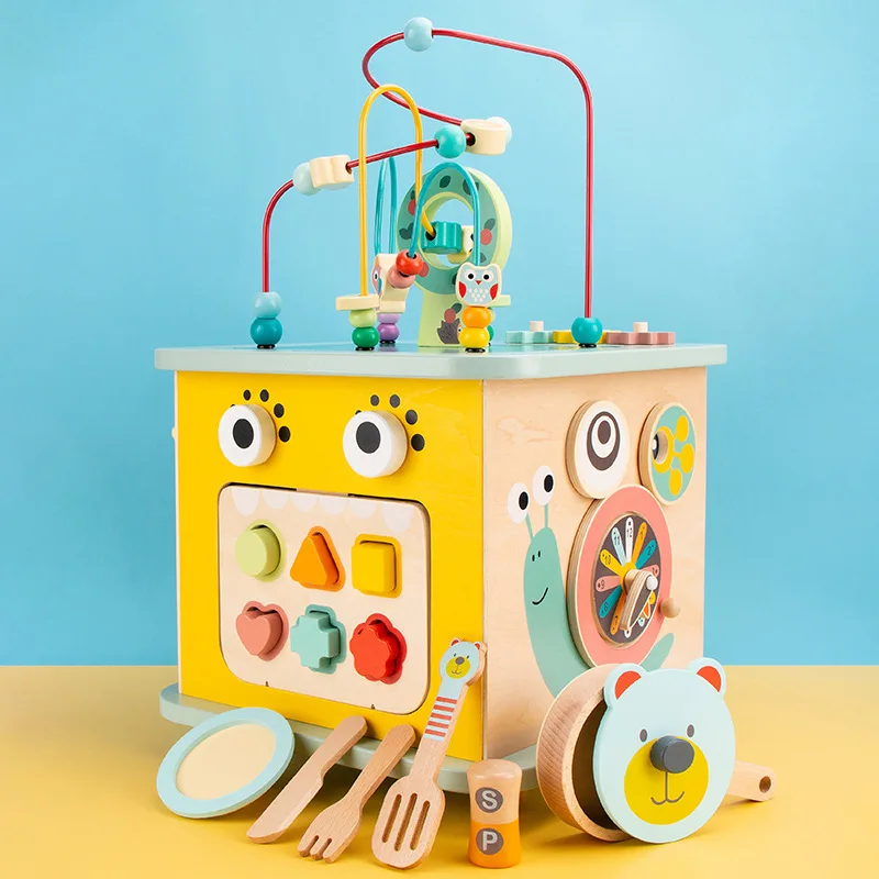 Early Education 7 in 1 Multifunctional Wooden Baby Playing House Cute Maze Game Box Children Matching Blocks Activity Cube