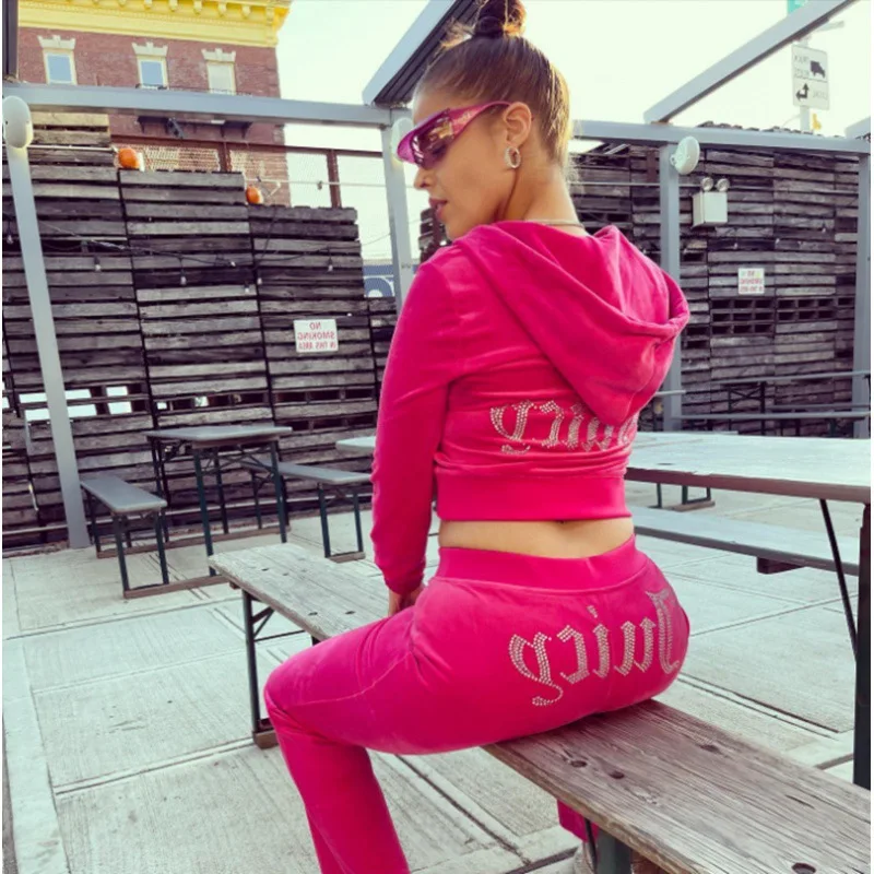 Women's Two-Piece Think Fall Clothing Y2K Rhinestone Hoodie Zipper Jacket Drawstring Tro aperçu 6