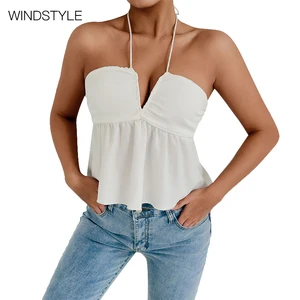 Summer Sexy Women's Slim Deep V Neck Tank Top Spandex Knitted Ruffled Vest with Square Collar Loose Sweet Style Front Logo Print