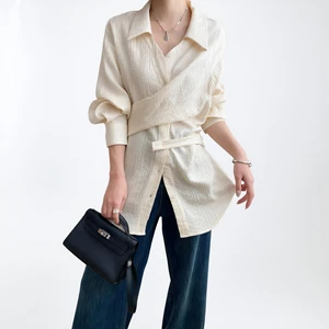 Custom Women's Long Sleeve Wrap-style Button-down Shirt with Belt