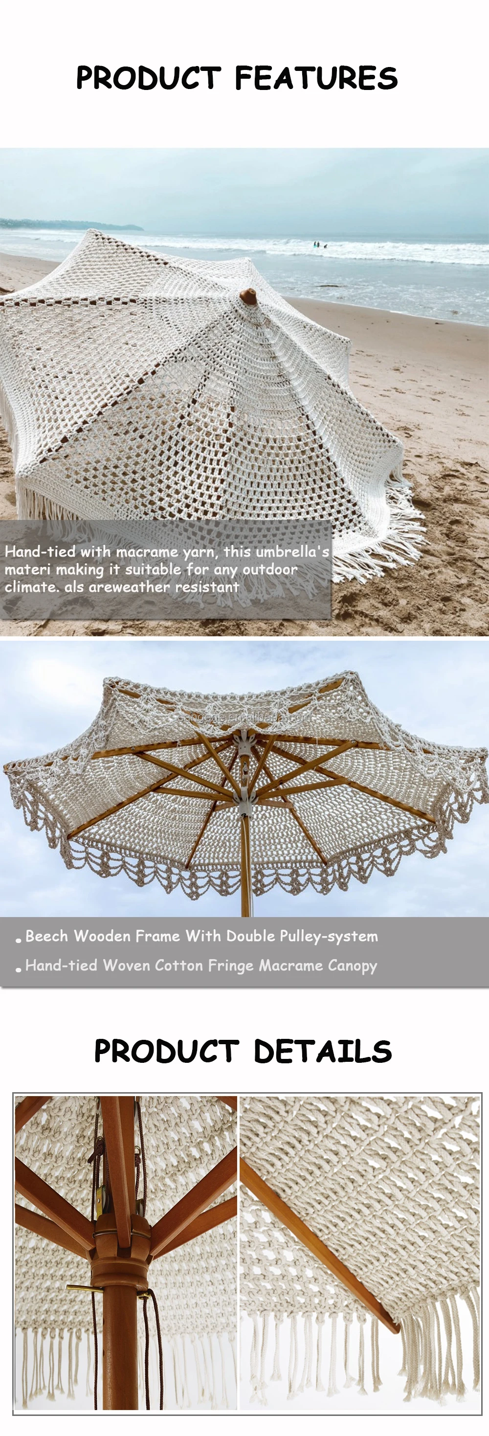 Wholesale Large Boho Beige Crochet Macrame Cotton Fringed Wooden Beach