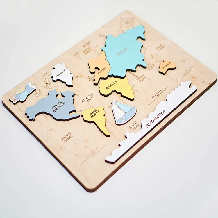 Wooden World Map Puzzle Colour Printing Montessori Puzzle Map for Child