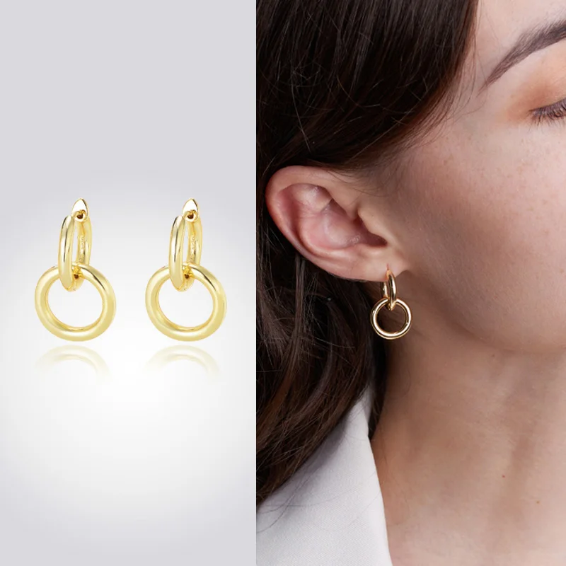 Simple Tarnish Free Minimalist Plain Double Circle Brass 18k Gold Plated Hoops Huggies  Pendant Earrings for Women Girls