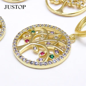 Custom Popular Brands Micro Pave Rainbow Zircon Tree Life Designer Pendant Earrings Fashion Brass Gold Plate Trendy Jewelry