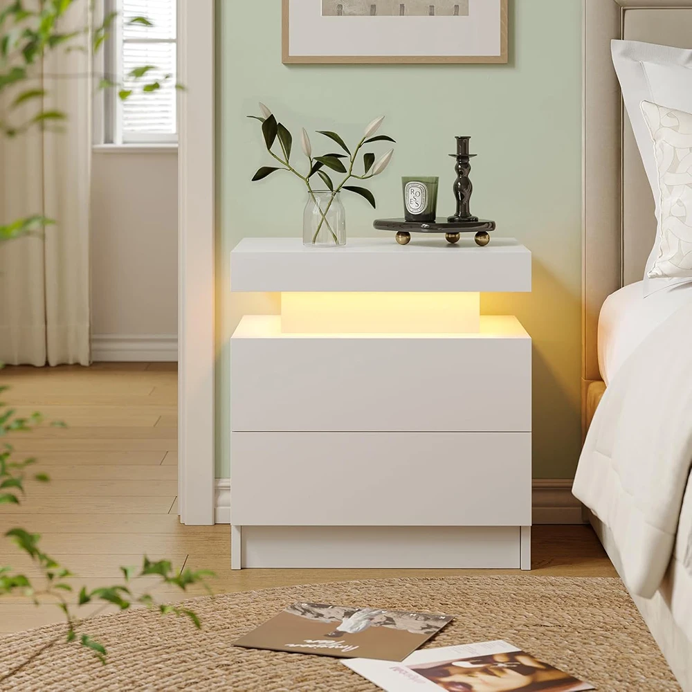 product white led modern nightstand with 2 wood drawers bedside cabinet for bedroom panel design-3