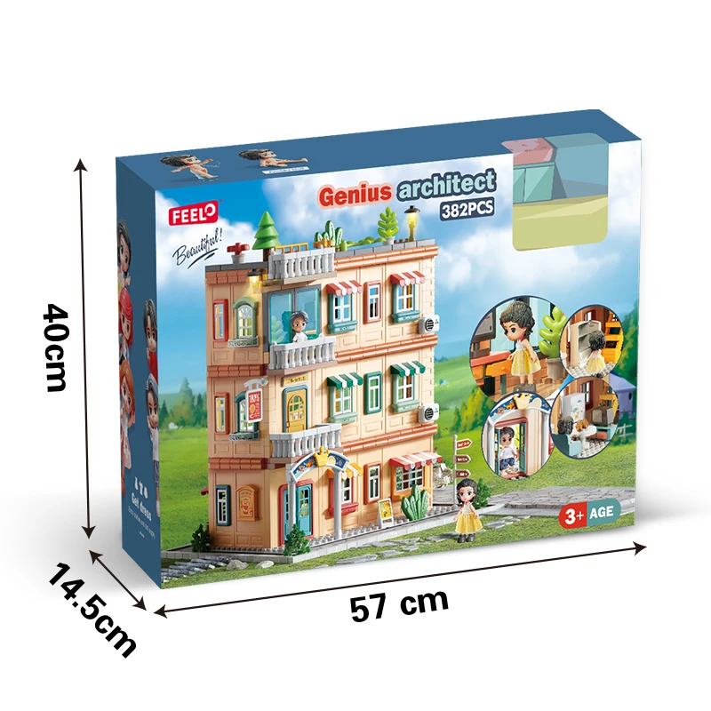 FEELO2024, новый 382 шт., строительные блоки для виллы, Прямая продажа с фабрики, трехэтажный Солнечный двор, строительные блоки для виллы для детей