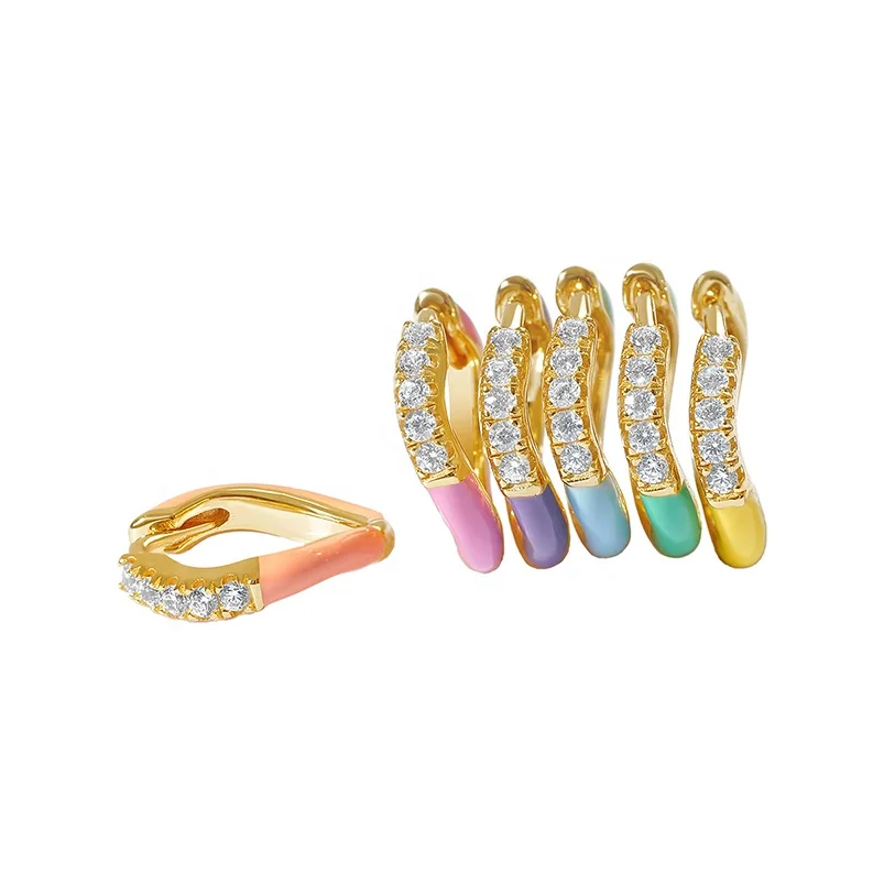 Gemnel Pop Huggie Design Wave Mini Hoop clear CZ 925 Silver Custom Enamel Earrings