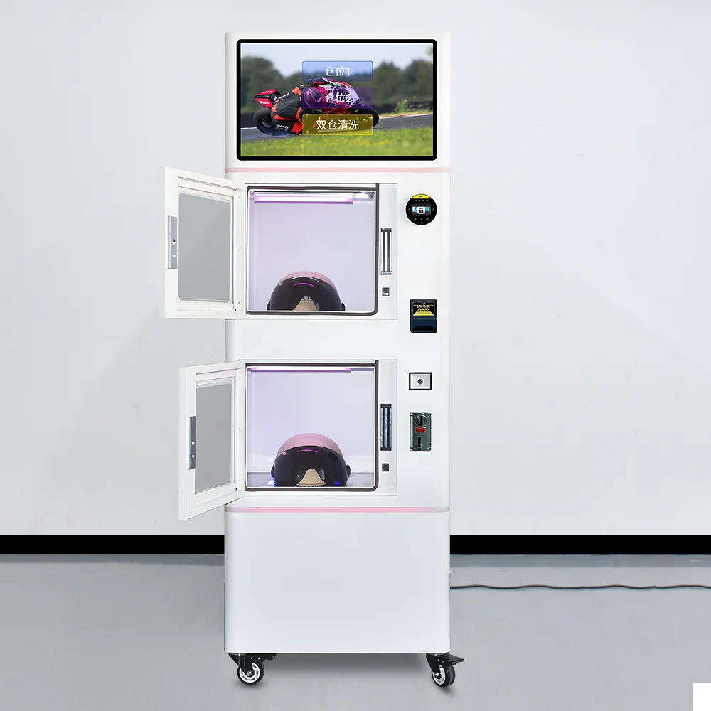 Автоматична машина за чистене на шлемове за мотоциклетни състезания с две секции и мъглив разтвор за почистване, предназначена за мотоциклетни и защитни шлемове