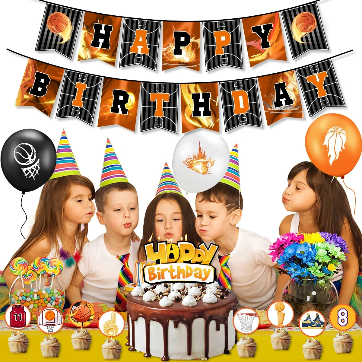 Nice Basketball Birthday Theme Party Decoration Sports Boy Happy Birthday Pull Flag Latex Balloon Set Arrangement Supplies