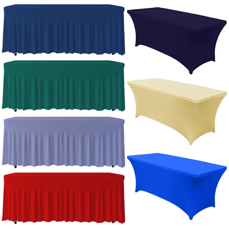 Rectangle polyester banquet elastic stretch table cover outdoor ruffled spandex wedding table cloth skirt