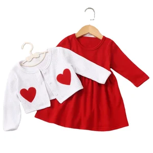 2021 New Baby Girl Clothes Set Infant Outfit 2PCS Sets Solid Long Sleeve Girls Dress Love Coats Party Wedding Princess Dresses