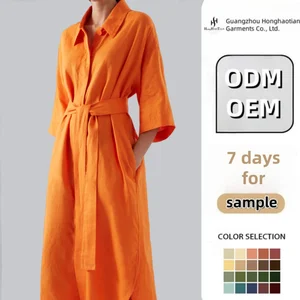 Garment Manufacturer Customized Hot Selling Women's Linen Casual Lapel Front Button Short Sleeved Women's Shirt Dress