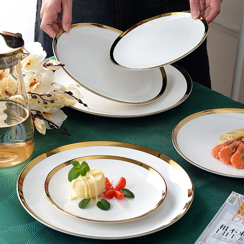 Luxury Gold Rim Dinnerware Set White Ceramic Nordic Porcelain Flat