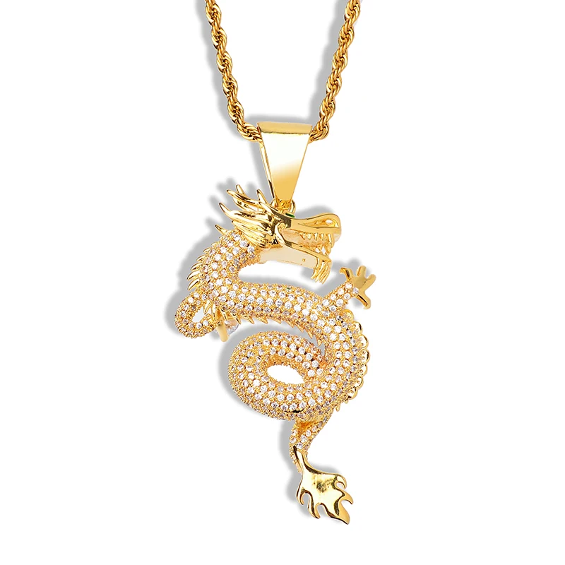 Lucky Symbol Hip Hop Micro Paved CZ Stone Bling Iced Out Oriental Dragon Shenlong Pendants Necklaces for Men Rapper Jewelry