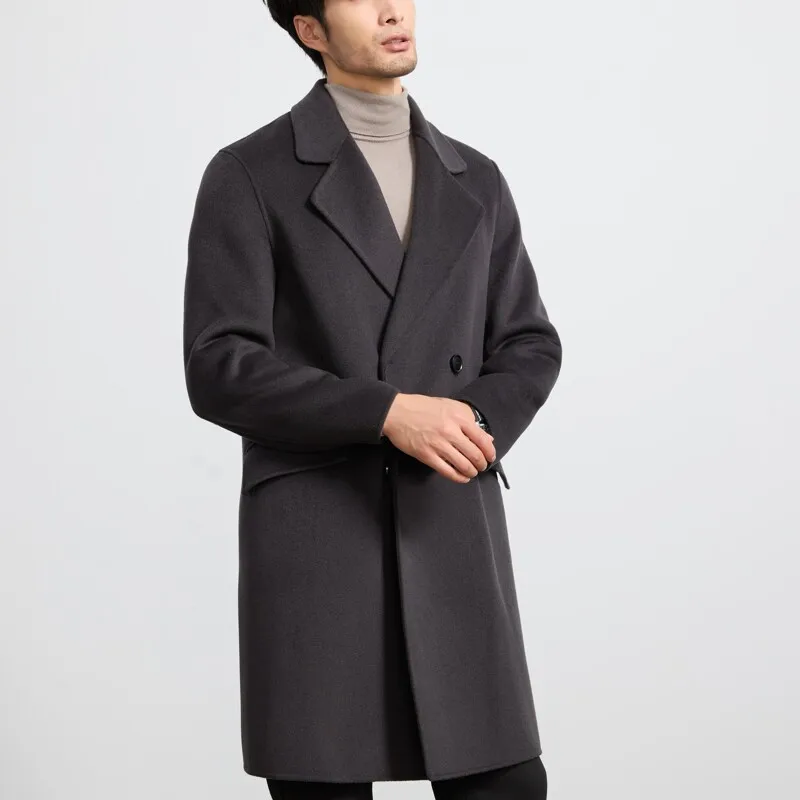 Double-breasted 100% Wool Men's Mid-length Autumn/winter Thick Warm Overcoat Trench Coat Turn-down Collar Anti-wrinkle Wool Coat