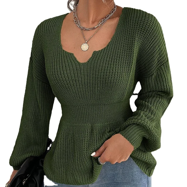 Women's Fashion Solid Color V-Neck Pullover Sweater Long Sleeve Ruffled Waist Blouse Casual Knitted Acrylic Autumn XL OEM