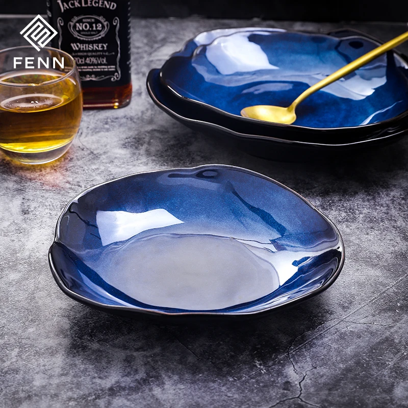 FENN 7.25 inch European dessert plate reactive glazed ceramic blue irregular shape dinner salad plate