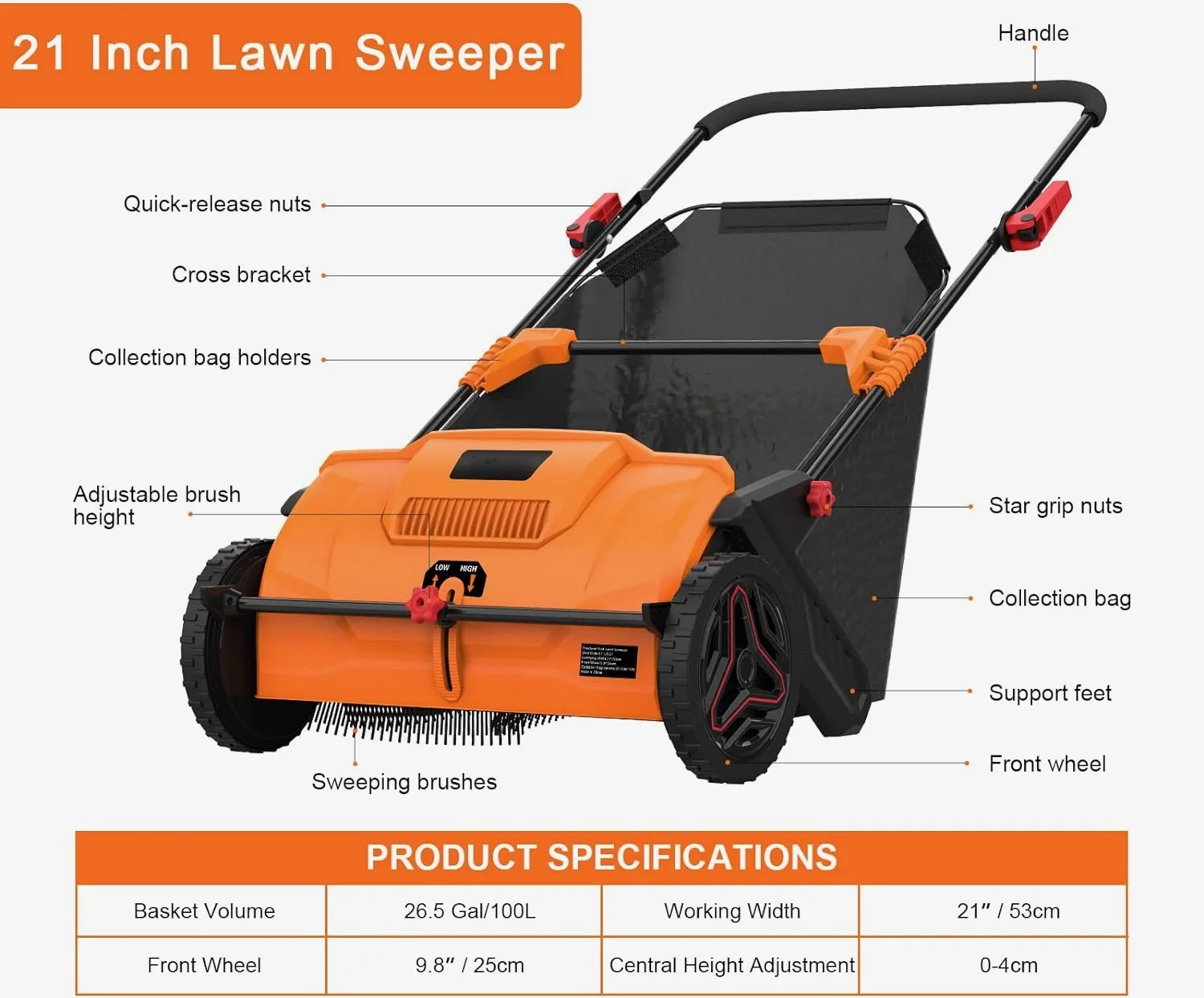 21inch Leaf & Grass Push Lawn Sweeper Garden Gardening Manual Yard