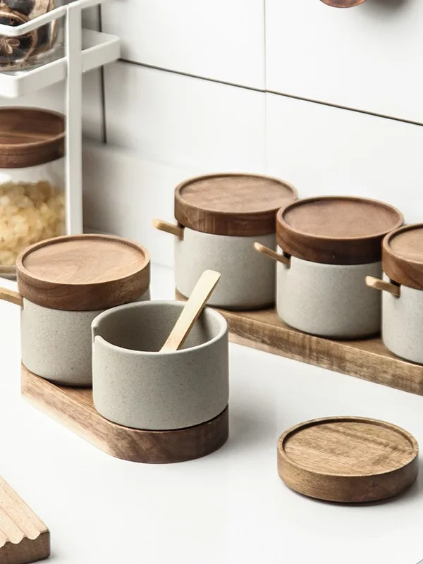 Japanese Style Pottery Kitchen Spice Jars Set Salt Seasoning Bottle ...