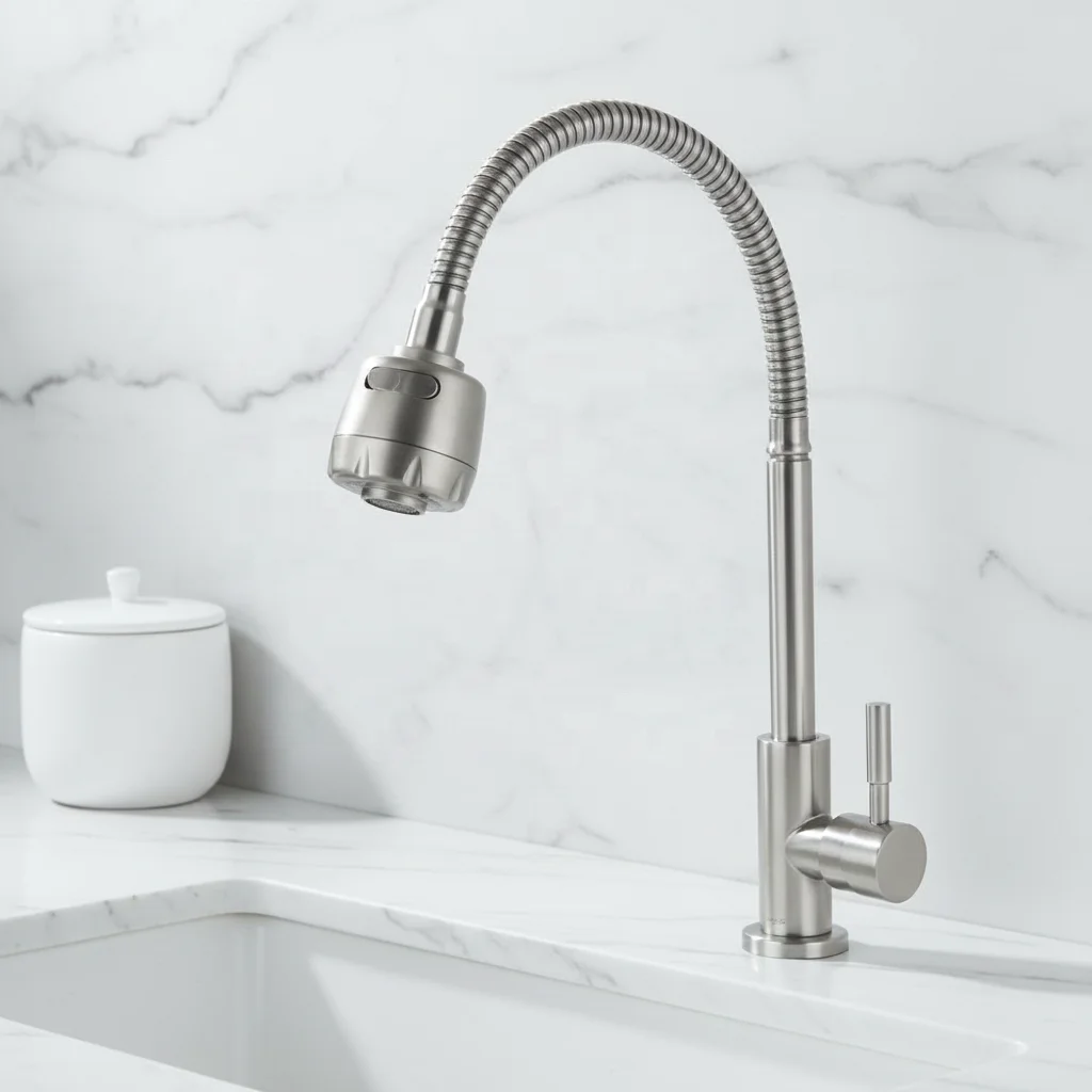 Flexible SS304 Stainless Steel Modern Kitchen Faucet with Side Spray Head 360 Degree Rotation Metered Faucets Gooseneck Tap OEM