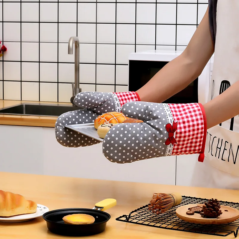 unkonwn Double Oven Glove 392°F Thick Cotton Heat Resistant Oven Gloves Oven Mitts for Grilling Cooking Baking Kitchen Microwave 