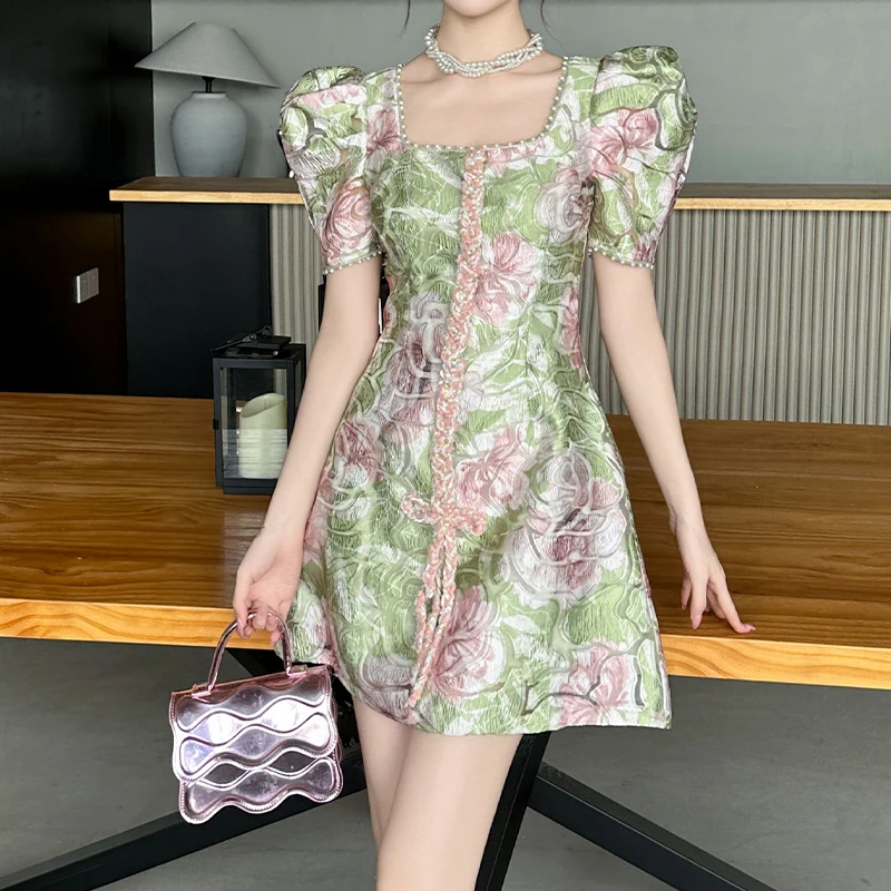 ZYHT 91105 Square Neck Summer Short Sleeve Jacquard Beaded Forest Green Color Dresses Women Lady Elegant
