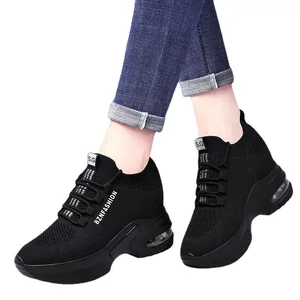 Black New Female Mesh Fashion Platform Wedge Shoes for Women Height Increasing Walking Lace up Casual Chunky Shoes Sneakers