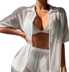 New Style White Color Hollowed-out Coverup Top and Separate Briefs Beach Bikini European and American Style Swim Dress for Women