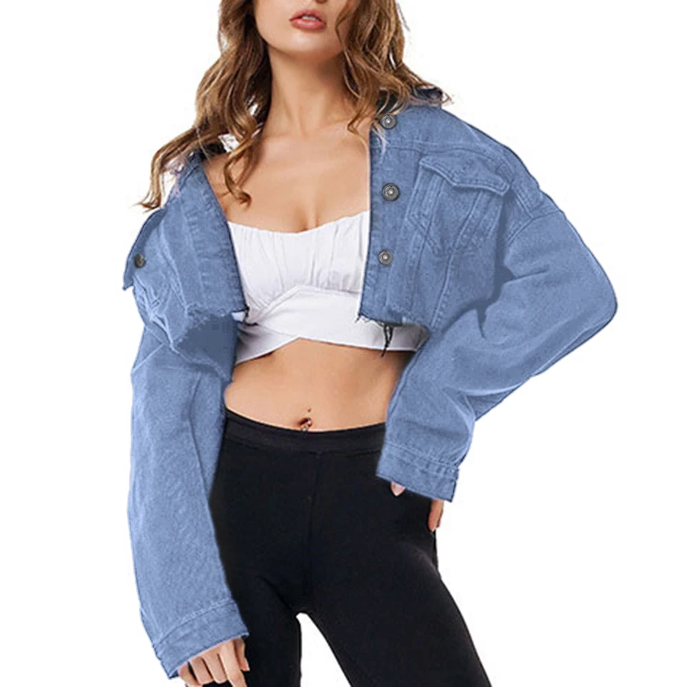 LILUO Black Drop Shoulder Long Sleeve Frayed Hem Ripped Crop Denim