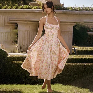 Elegant Casual 2024 Spring Summer Sleeveless Floral Print Dress Skinny Sexy Flare Maxi Dress for Women Lady