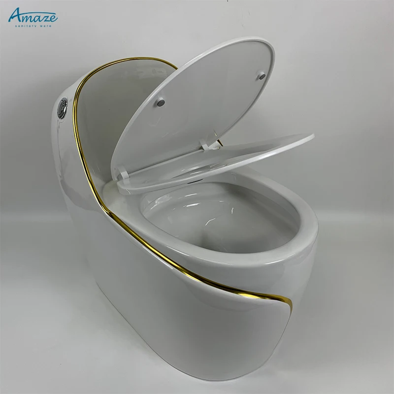 Good quality luxury design floor mounted wc white gold line egg shape water closet bathroom ceramic one piece toilet bowl manufacture